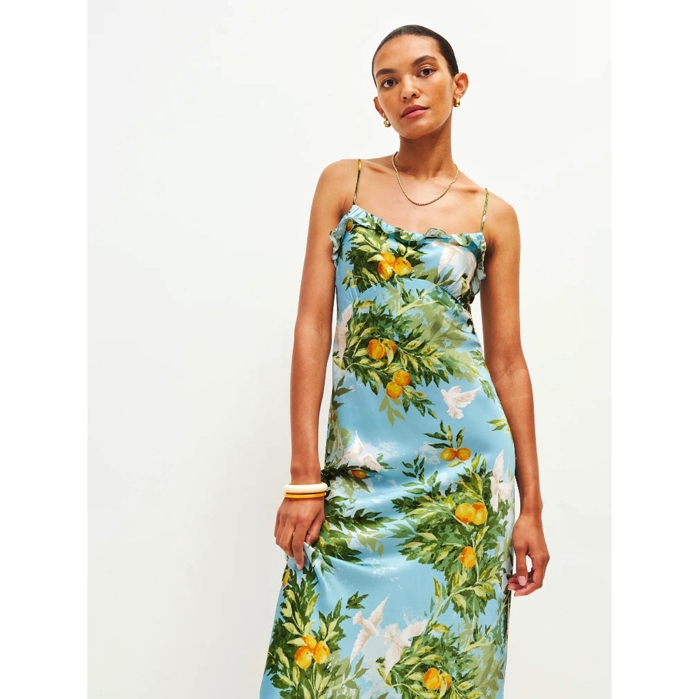 Reformation Aribella Renissance Bird Lemons Silk Midi Slip Dress